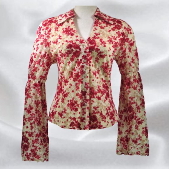 INC Petite Red Flower Beige Shirt in Size Large - Picture 1 of 7